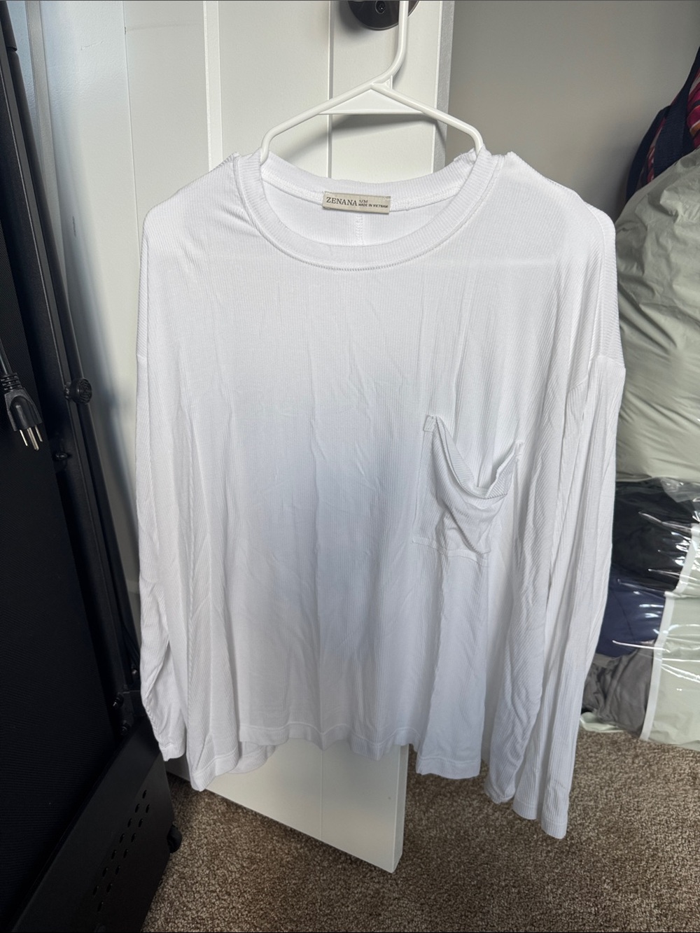 Zenana Outfitters White Long Sleeve Pocket Tee